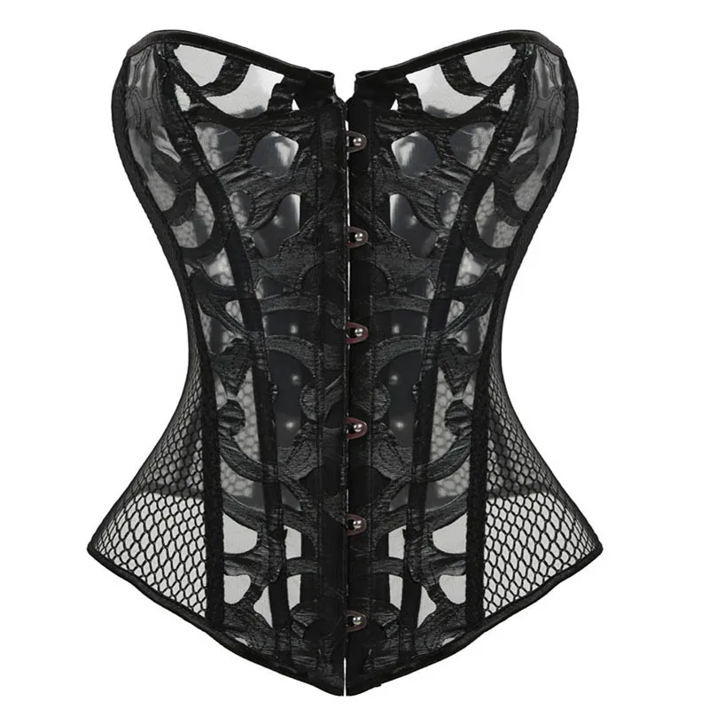 

Women Sexy Burlesque Costume Mesh Printing Corset Bustier Waist Cincher Tops Black Color Body Shaper