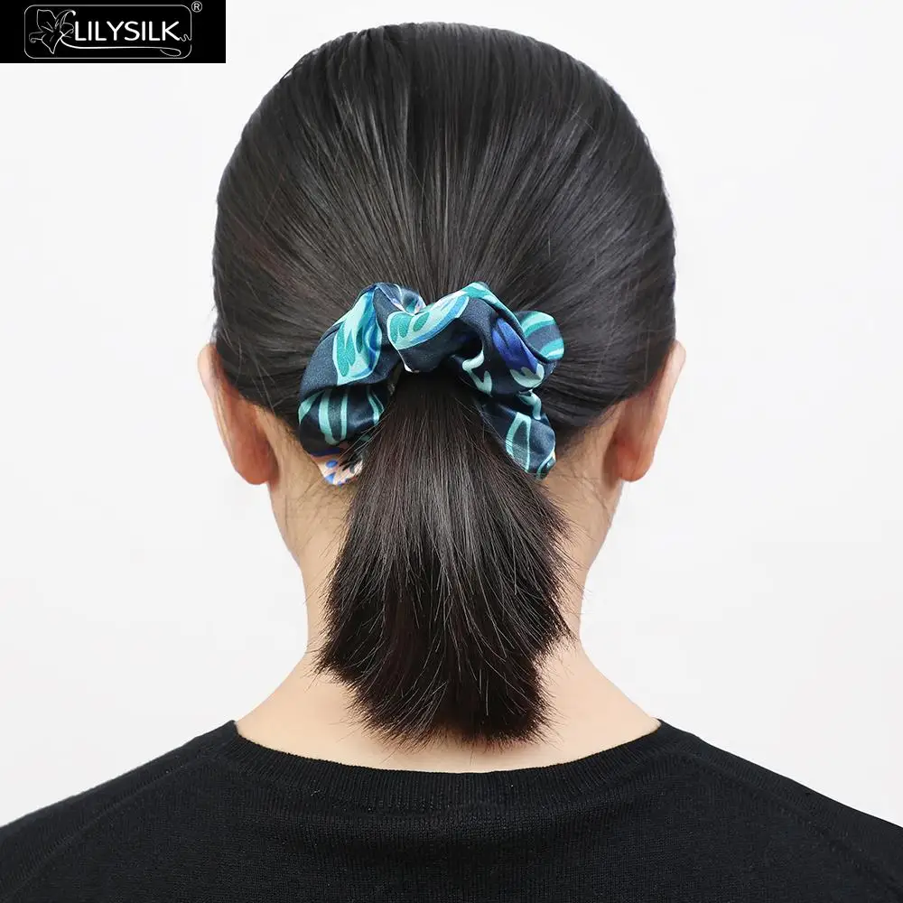 LilySilk Scrunchy Charmeuse Hair Bands Women 100 Pure Silk Head Rope Rubber Girl Accessories Soft Care Luxurious Free Shipping - Цвет: Flower with Blue