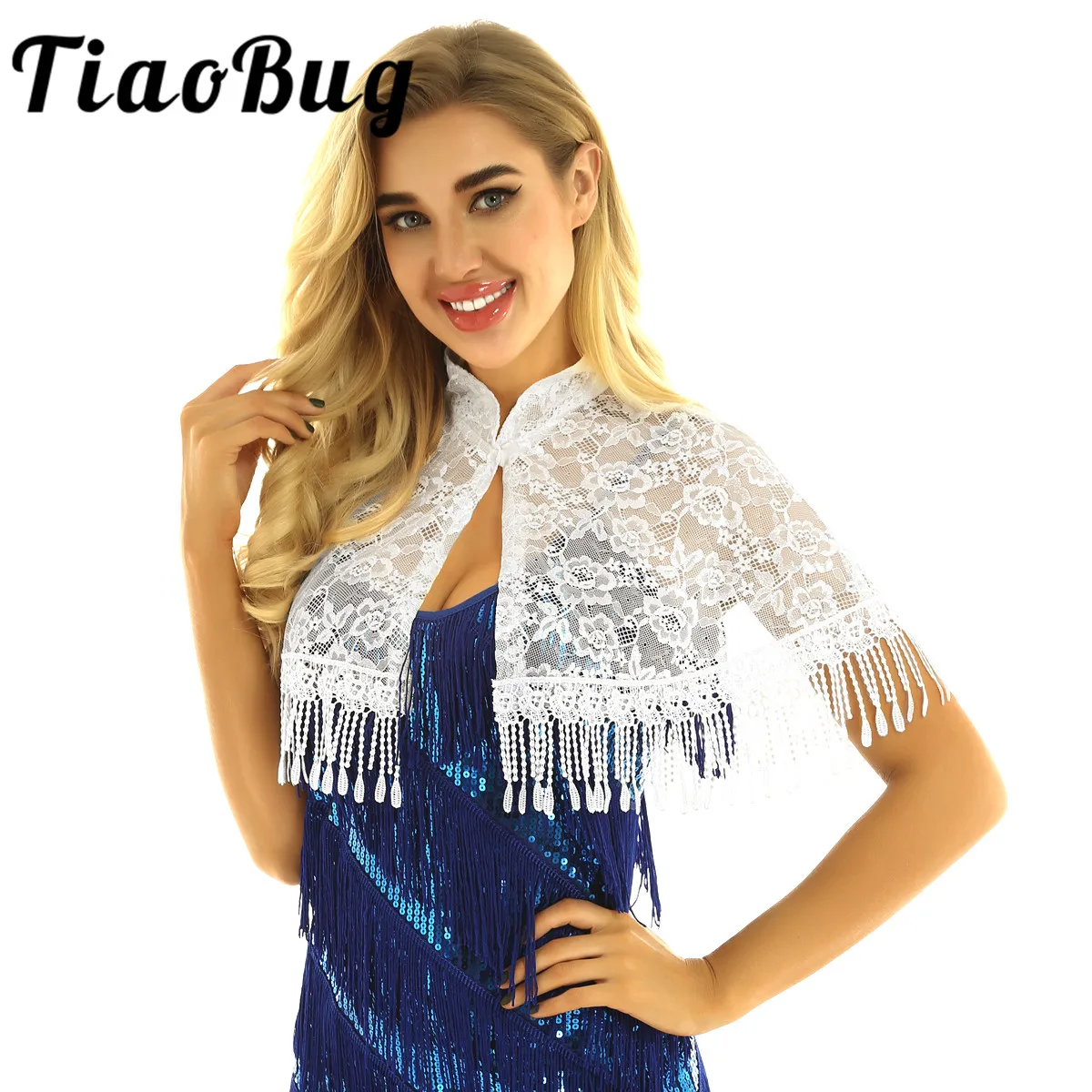 Женская накидка с бахромой спереди элегантная воротником стойкой и кружевной