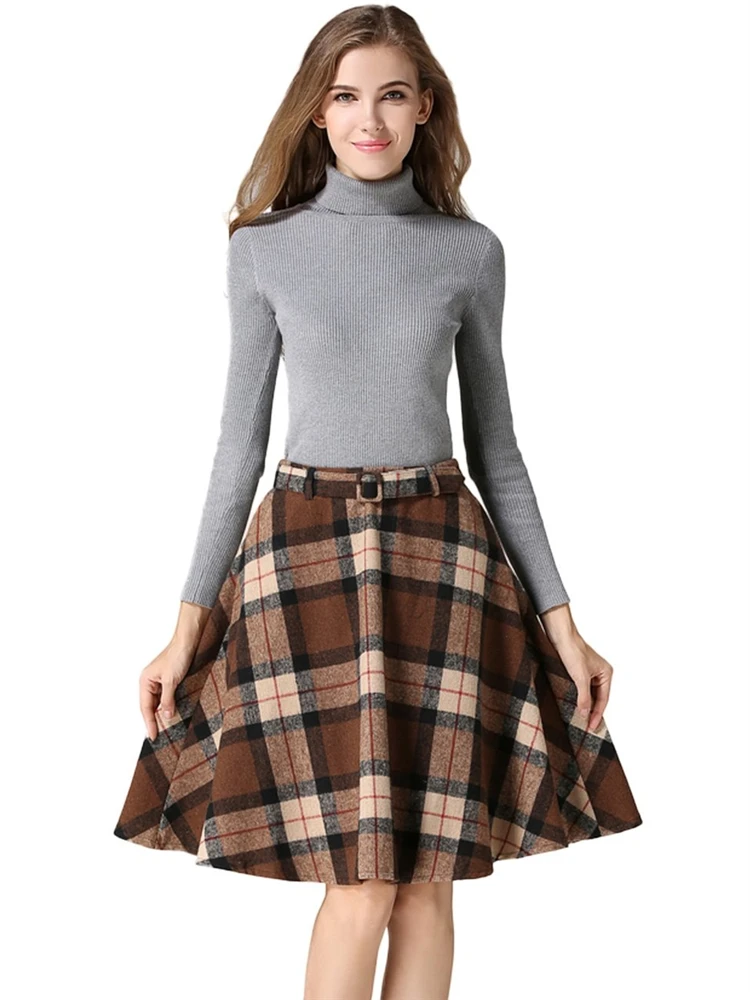 

Women's Casual High Waisted Belt Invisible Zipper Closure Slim Winter Autumn Woolen Check Print Plaid Tartan A-Line Skirt