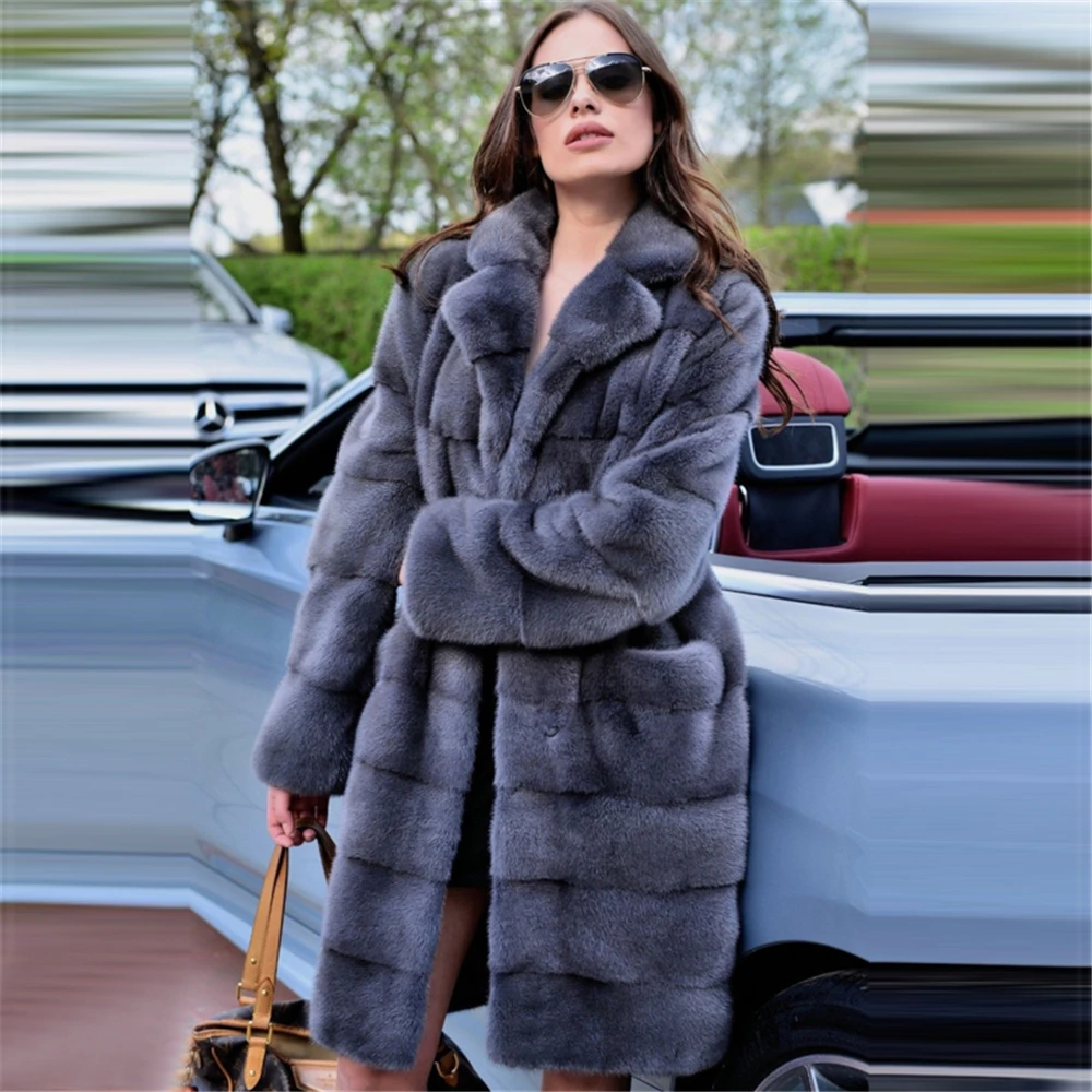 

Winter Fashion Whole Skin Genuine Mink Fur Coat With Turn-down Collar Luxury Overcoat 90cm Long Natural Mink Fur Coat Real Women