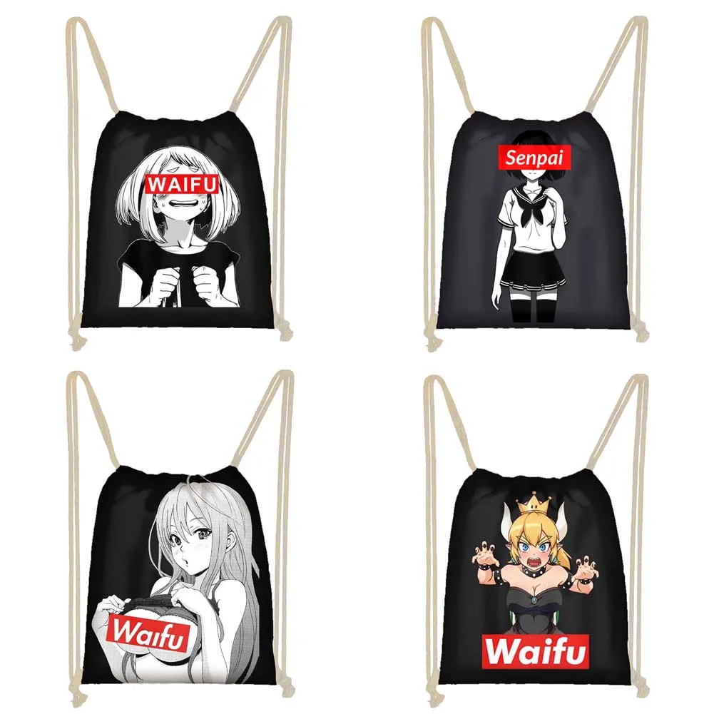 Черная мультяшная сумка на шнурке Sugoi Senpai Anime Waifu женские дорожные сумки для