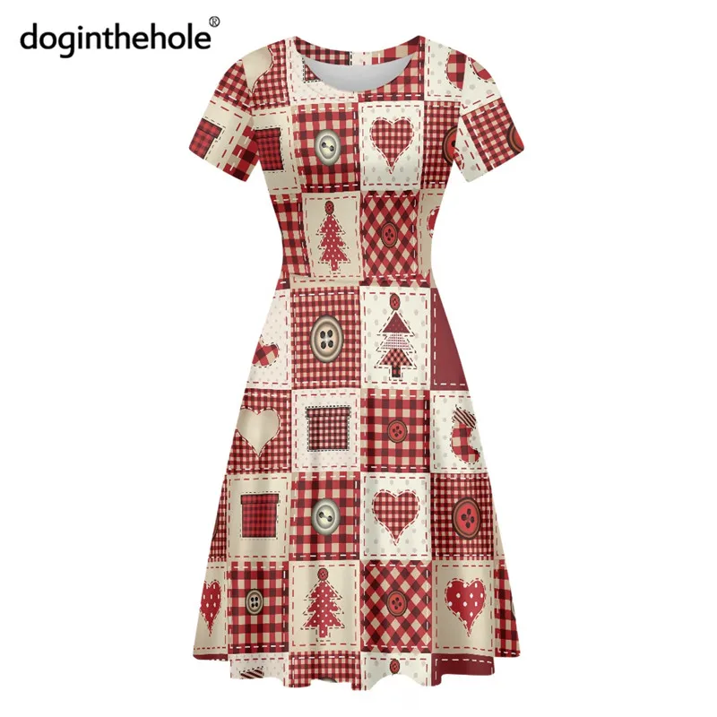 

Women Christmas Dress Vintage High Waist Big Swing Red New Year Party Midi Dress Casual Short Sleeve Plus Size Sundress Vestidos