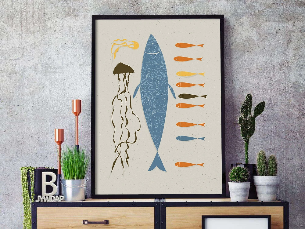 Морское искусство на стене плакат с рыбками и темно-синий морской художественный
