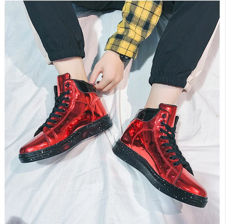 Sooneeya High Top Patent Leather Casual Shoes Men Glitter Luxury Boots Male Driving Shoes Brand Designer Bling Leather Shoes