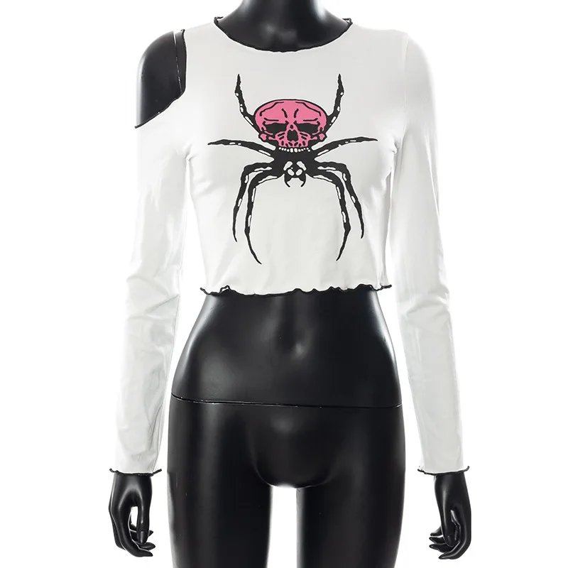 

NANXI Fashion Retro Spider Print Patchwork Fungus Long Sleeve y2k Tops for Women Femme Cut Out One Shoulder Gothic Clothes