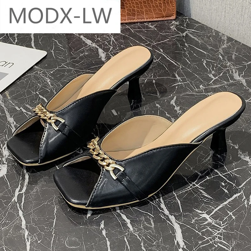 

New ladies summer fashion all-match chain high heels stiletto slippers hot sale flip flop sandals open toe ladies slippers