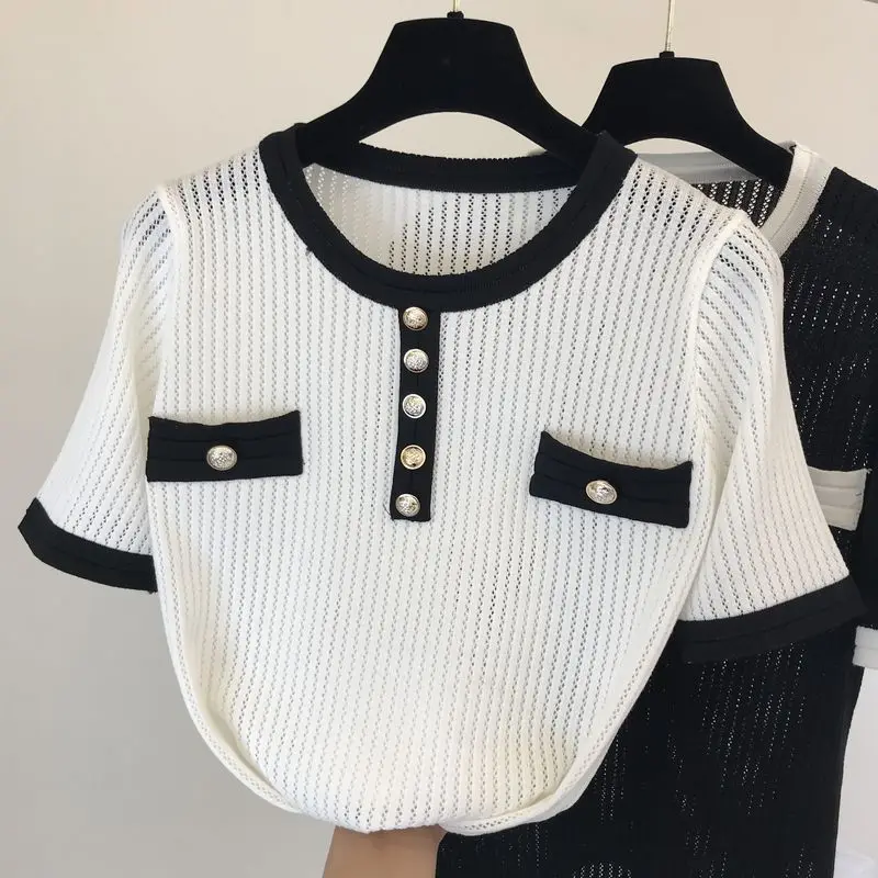 

Casual Short-Sleeved T-shirt for Women Cotton Slim-Fit Round Neck Tshirt Ice Silk Thin Knitted Top All-match Slimming T-shirt