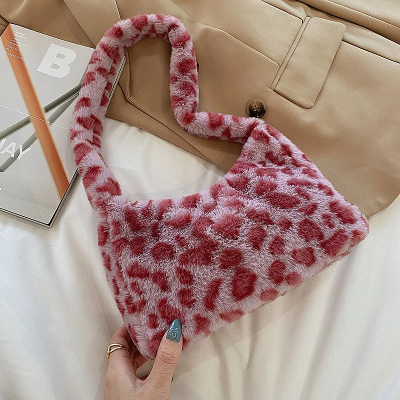 

Текстурная плюшевая женская сумка для подмышек, Корейская сумка на одно плечо, модная переносная сумка с леопардовым принтом, Симпатичные с...