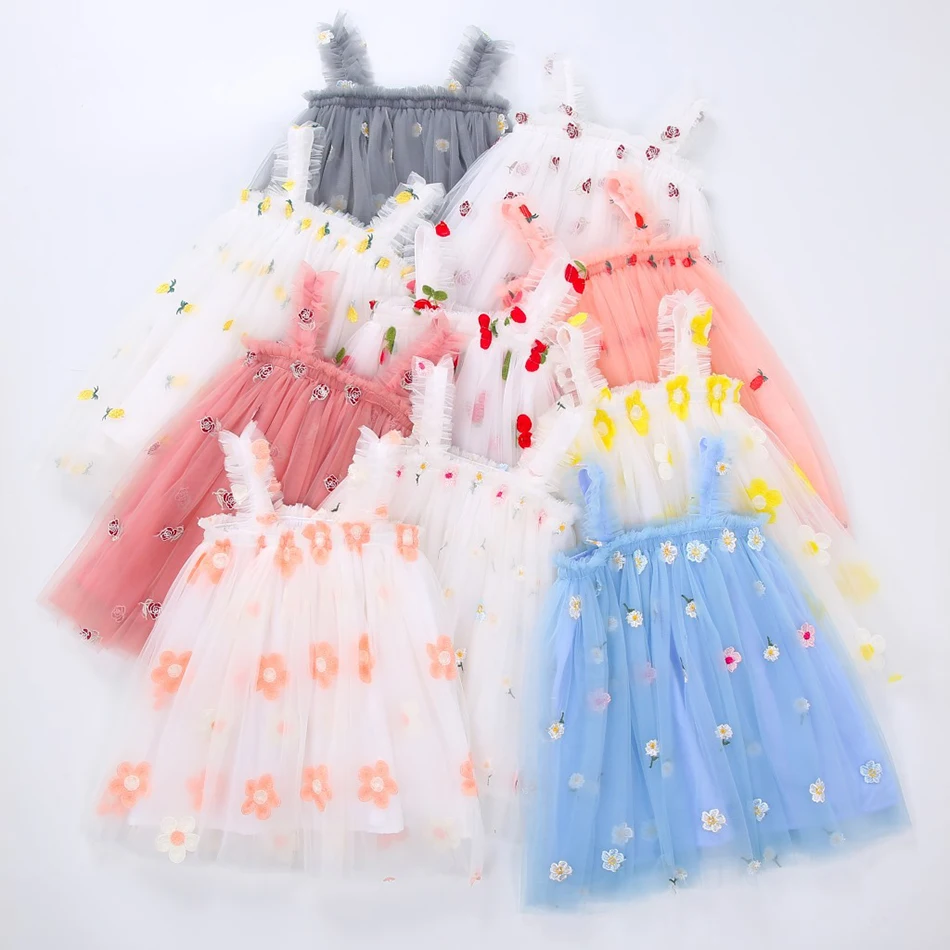 

Summer Girls Dress 2021 Mesh Sling Girls Clothes Solid Princess Dress Toddler Tutu Dresses Baby Girl Dress