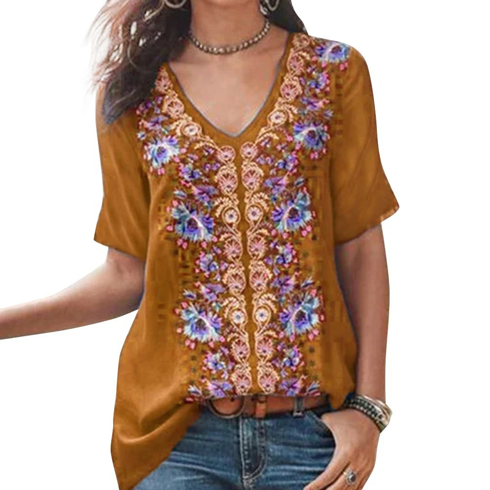 

Plus Size Women Short Sleeve Floral Print Blouse Shirt Retro V Neck Casual Top Loose Shirts New 2019