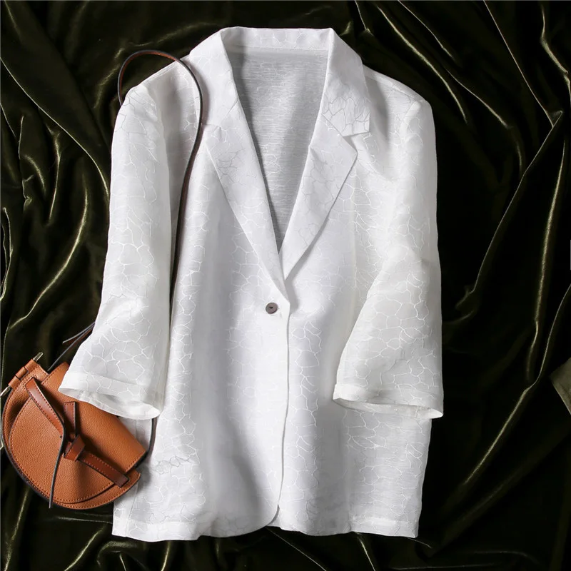 

SuyaDream Women White Blazer 50%Silk 50%Linen 3/4 Sleeves Single Breasted Summer Blazers 2021 Spring Autumn Chic Jackets