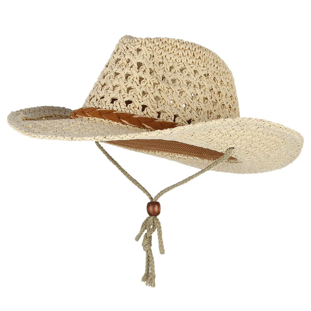 

Men Women Retro Western Cowboy Riding Hat Leather Belt Wide Brim Cap Hat