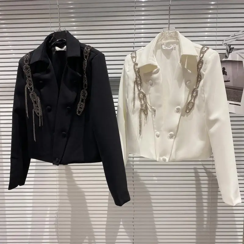 

Spring autumn new fashion blazer women rhinestone tassels shiny chain temperament short suit jacket