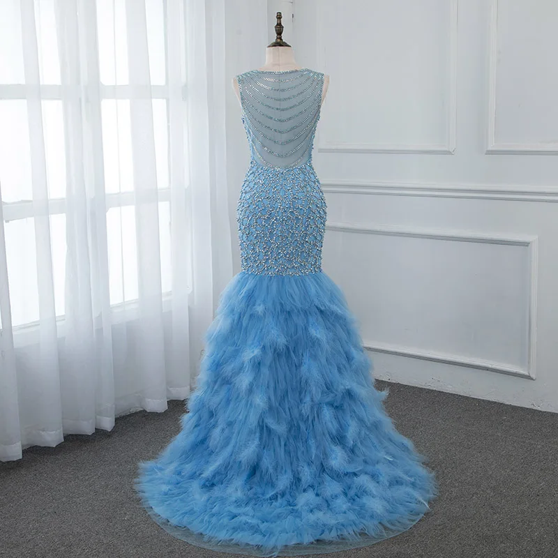 

Blue V Neck Beaded Evening Dresses Elegant Mermaid Long Formal Party Gown For Women Ruffles