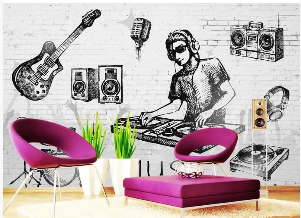 3d обои на заказ фотообои ручная роспись музыка гитара барабанная стойка