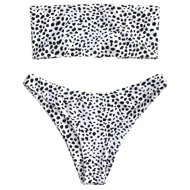 

Women Sexy 2pcs Print Bikini Set Strapless Back Lace-Up Bandeau Thong Swimsuit X7XE