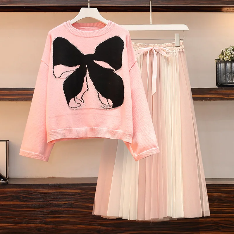 

Plus Size Women 2021 Winter Patchwork Long Sleeve Tops And pink Skirt 2 Piece Suit Female Party Elegant Casual Two Piece Set big