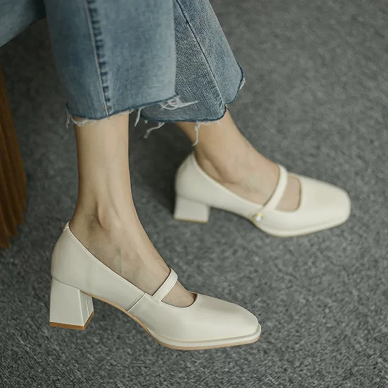 

2021New Fashion Women Shoes Square Toe Mary Janes Shoes Square Heel Dress Shoes Pearl Buckle Pumps High Heels Office Shoe
