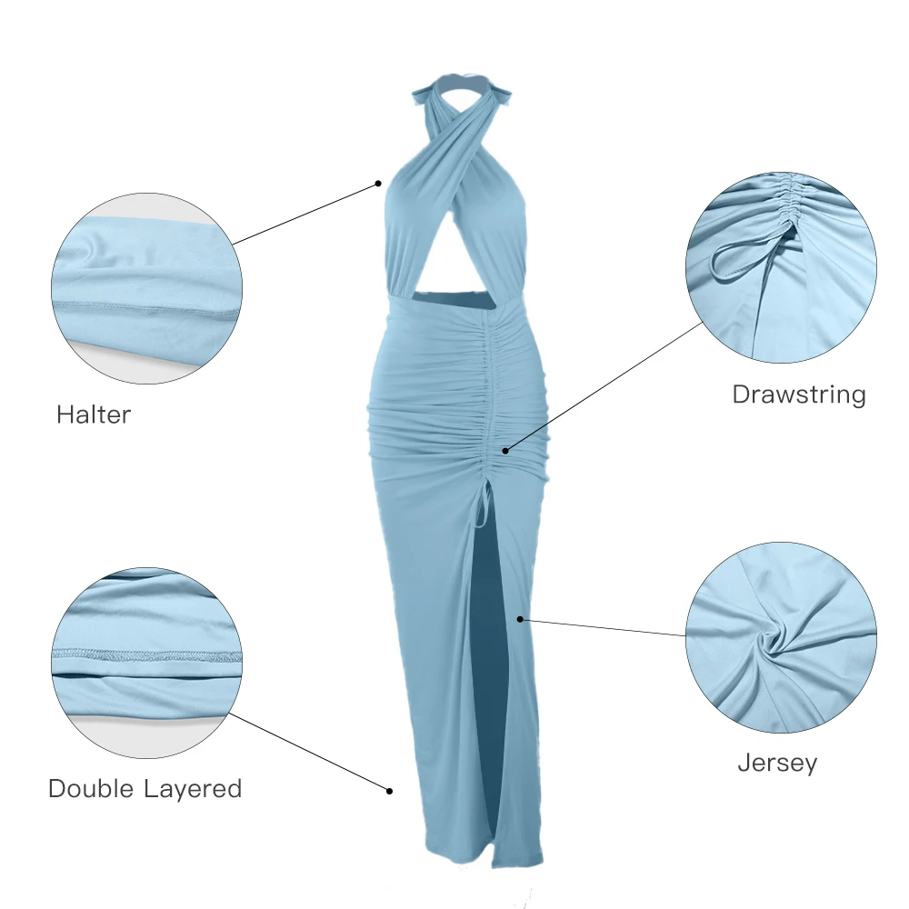 

Lofrcy Jersey Long Sexy Maxi Halter Drawstring Backless Traf Summer Clothes For Women Friend Party Club Dress