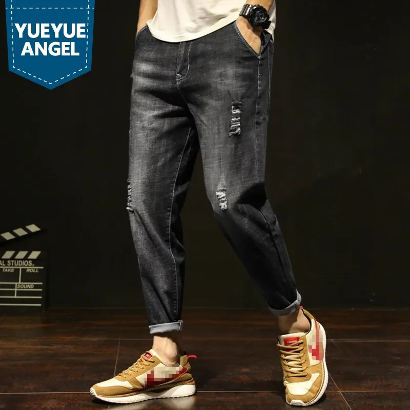 

Plus Size 42 Mens Hole Ripped Jeans Harem Pants Casual Slim Fit Ankle Length Denim Pencil Pants Man Streetwear Cowboy Trousers