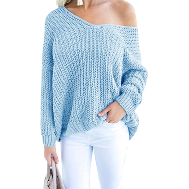 

Umeko New Autumn and Winter Women's Fashion Off Shoulder Sweater Pullovers Solid Loose Sexy V-Neck Casual Clothes Knitted Tops