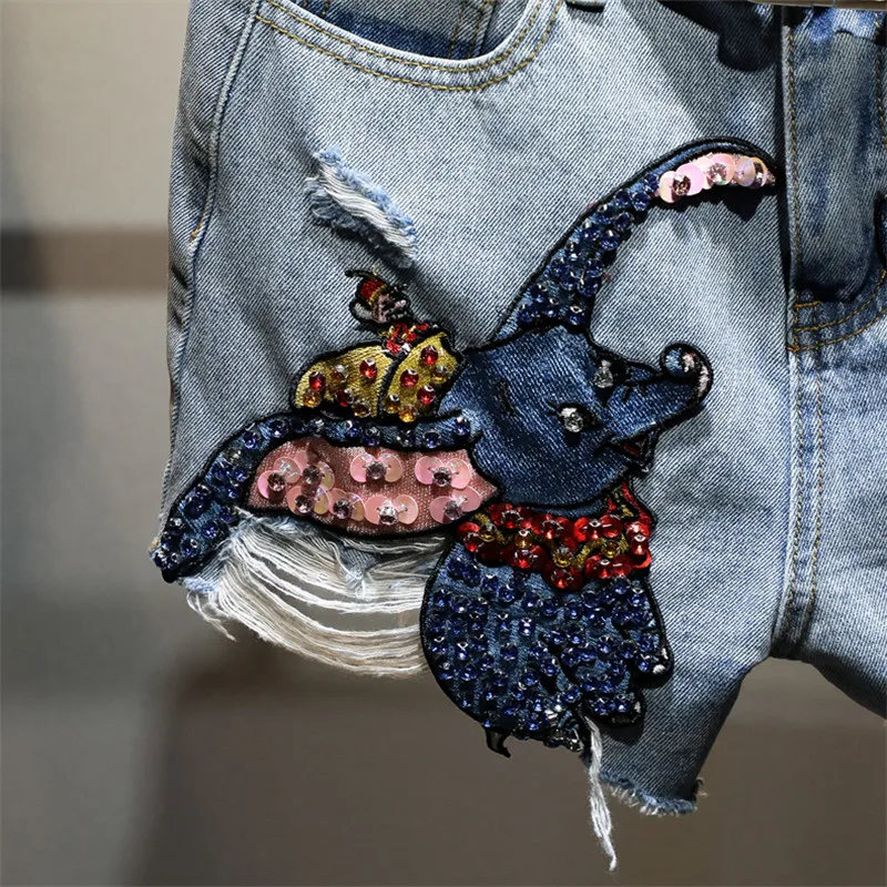 

Woman Shorts High Waist Loose Wide-leg Shorts Korean Style Cartoon Patchwork Embroidery-Flares Hole Casual Female Short Trousers