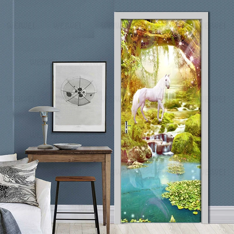 Съемные двери наклейки лес вид на озеро Белая лошадь Водонепроницаемая Гостиная