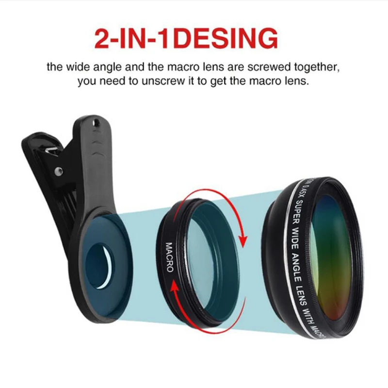 

2 In 1 Mobile Phone Universal Camera Lens 0.45x Wide Angle Super Macro Lens