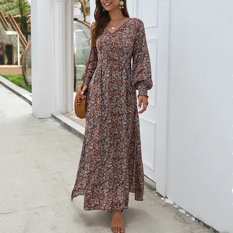 

Auttumn Vintage Floral Maxi Dress Summer A-Line High Waist Lantern Sleeve Spring Long Elegant Retro Boho Dress Women Vestidos