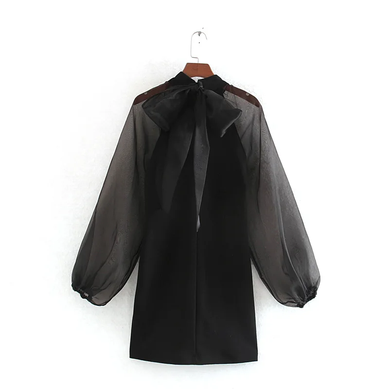 Винтажное женское черное платье с рукавом фонариком модное мини бантом осенне