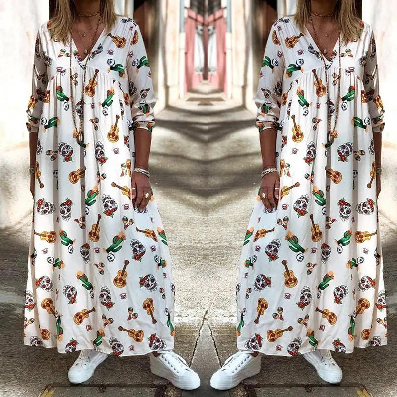 ZANZEA богемное Платье женское повседневное неупакованная Макси-юбка Vestidos осеннее кремовое платье с длинными рукавами карманы халат Femme 5XL