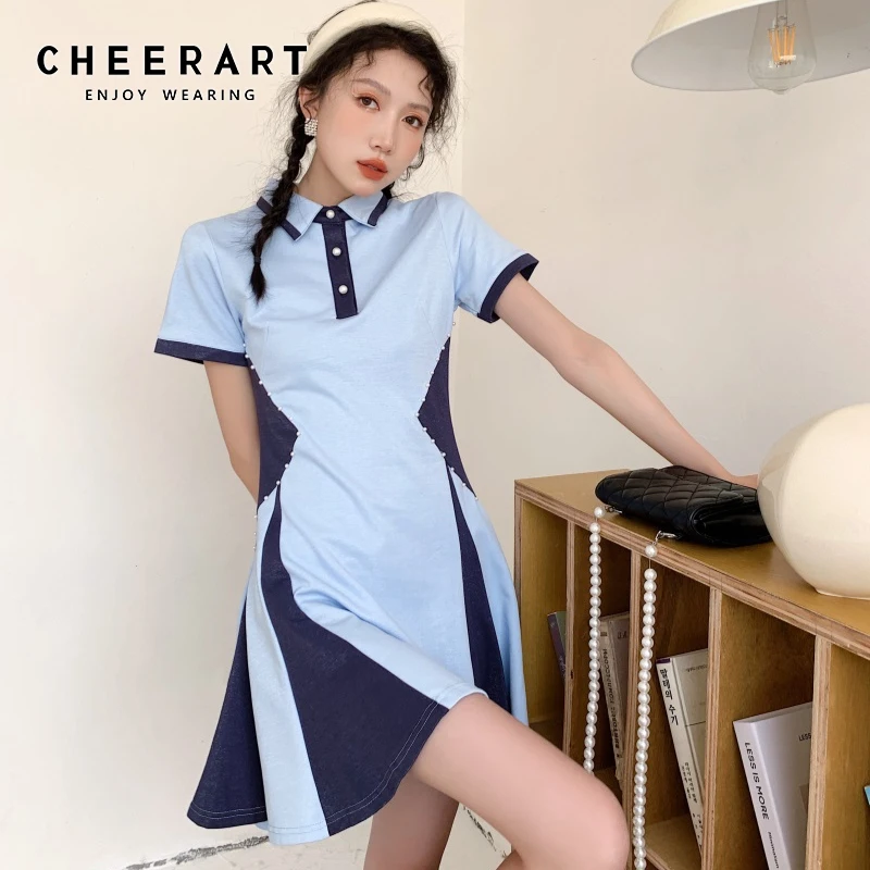 

Платье-поло CHEERART в стиле преппи с цветными вставками, ТРАПЕЦИЕВИДНОЕ, женское синее мини-платье с коротким рукавом и бусинами, милое летнее ...