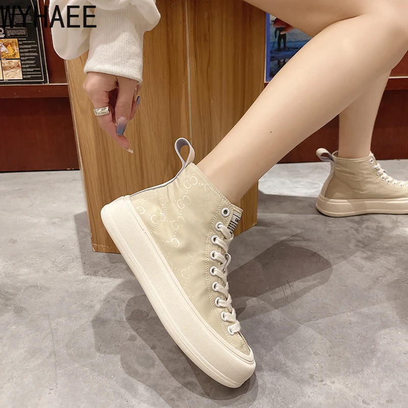 

2021 Autumn New Ladies High-top Sneakers Lace-up Fashion Canvas Shoes All-match Ventilating Thick-soled Casual Women's Shoes