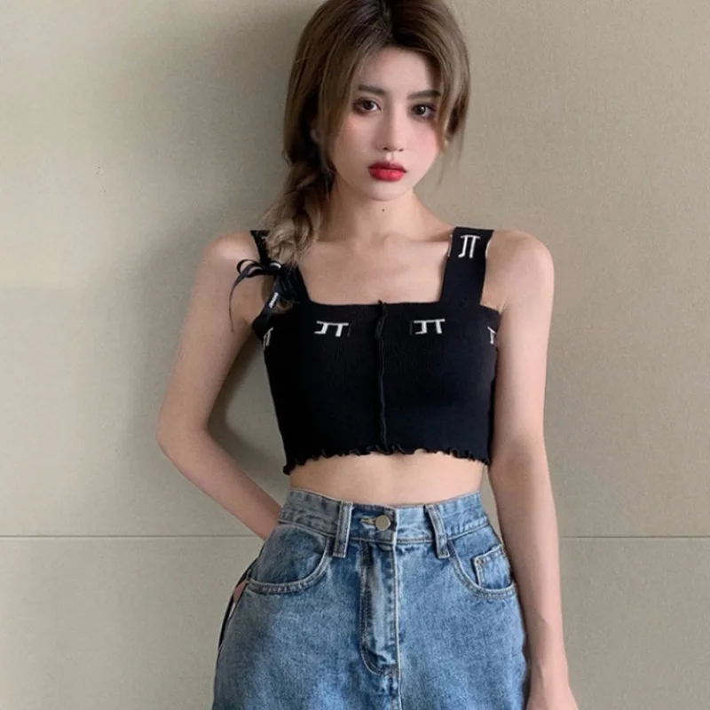 

Women Letter Print Knitted Short Top Cool Summer Female Sleeveless Casual Camis Tops