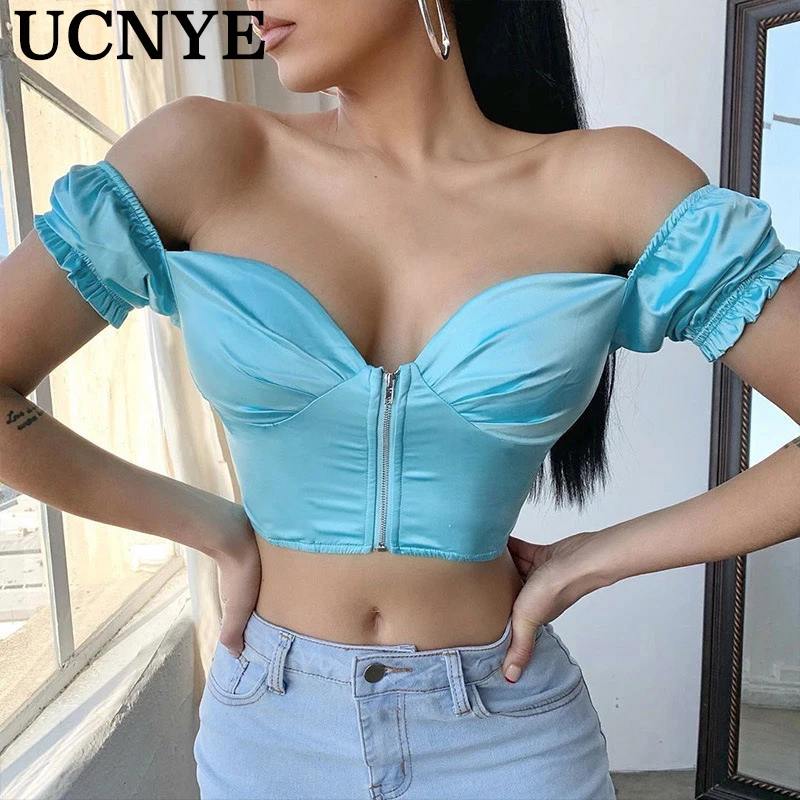 

Ucnye Женская модная футболка на молнии с рюшами и коротким рукавом, летний элегантный повседневный атласный женский укороченный топ, сексуал...