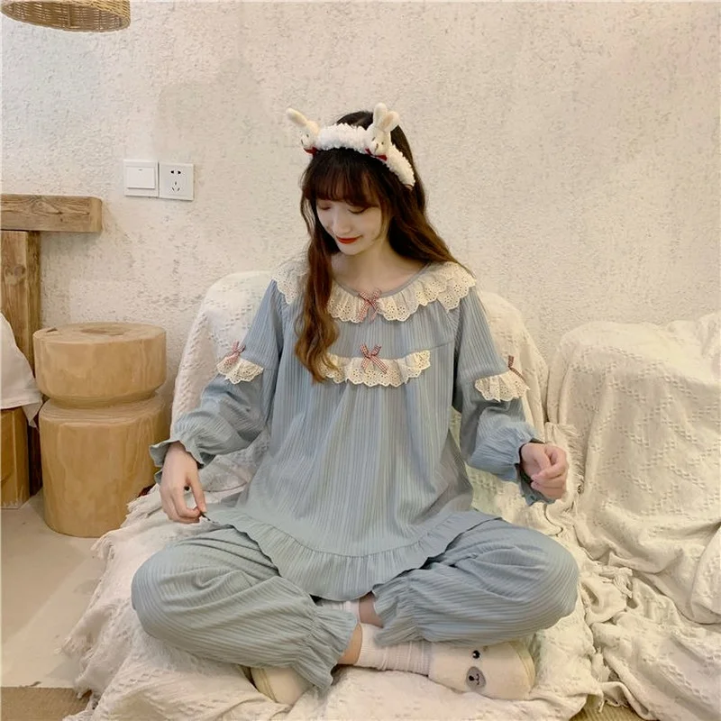 QWEEK Autumn Pajamas Womens Two Piece Sets Ruffles Bow Pijamas Kawaii Solid Color Pyjamas Purple Bule Sleepwear Home Clothes