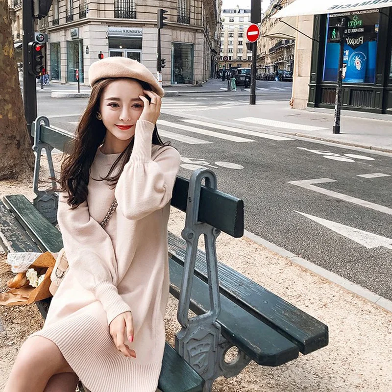 

Elegant Autumn Winter Sweater Knit Dress 2020 One-Piece Purple Beige Knitted Mini Dress Women Short Pullover Sweater Dress Femme