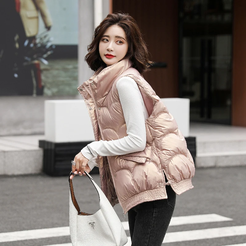 

FORERUN Winter Vests for Women Short Shiny Stand Collar Gilet Simple Elegant Waterproof Bodywarmer Waistcoat Dropshipping