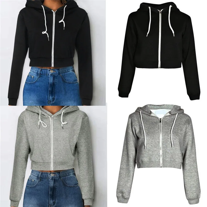 

Women's Coats Jacket Short Long Sleeve Feminine Fashion Solid Crop Women's Hooded Jackets Zipper Sweatshirt Zip Dance Ladies