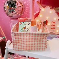 girl lovely pink lattice home cotton linen fabric art storage basket cosmetics sundries storage basket desktop storage box
