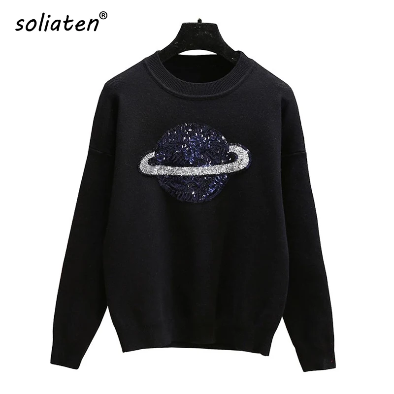 

2021 Halajuku Viscose Blend Planet Sequined Beading Pullover Sweater Slim Fitted Pull Femme Causal Long Sleeve Female Tops C-125