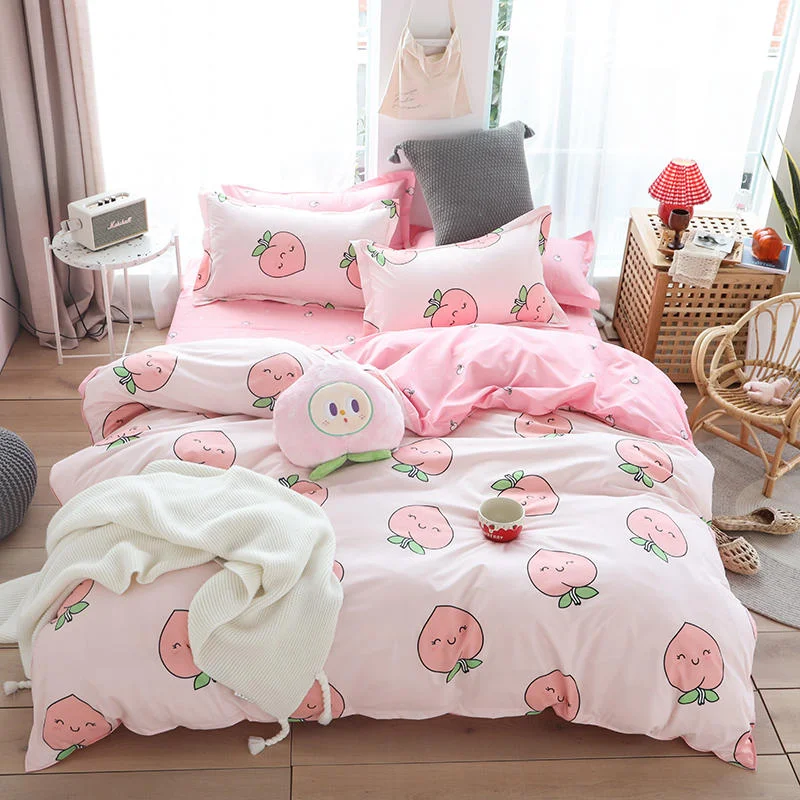 

New Home Textile Girl Kids Bedding Set Honey Peach Pink Duvet Cover Sheet Pillowcase Woman Adult Bed Linens King Queen Full