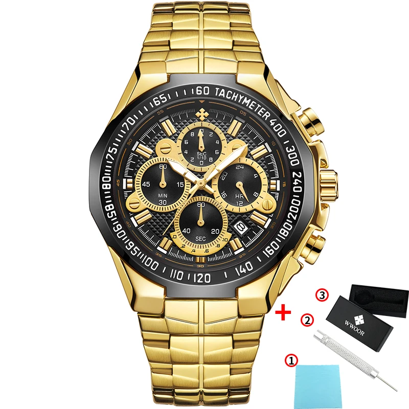 Gold black Новинка, роскошные Брендовые мужские золотые часы, ремешок из нержавеющей стали, спортивные водонепроницаемые часы, мужские кварцевые часы для отдыха - Цвет: Gold black