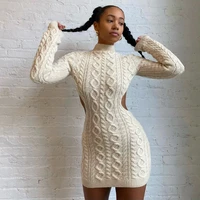 women autumn winter knit sweater dress turtleneck cable knit long sleeve backless basic wool mini dress casual slim fit clothes