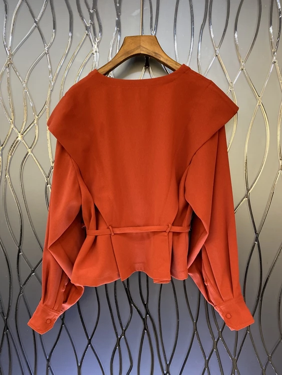 

2021 spring new women's fashion round neck solid color decorative tie knotted waist long-sleeved versatile top 302