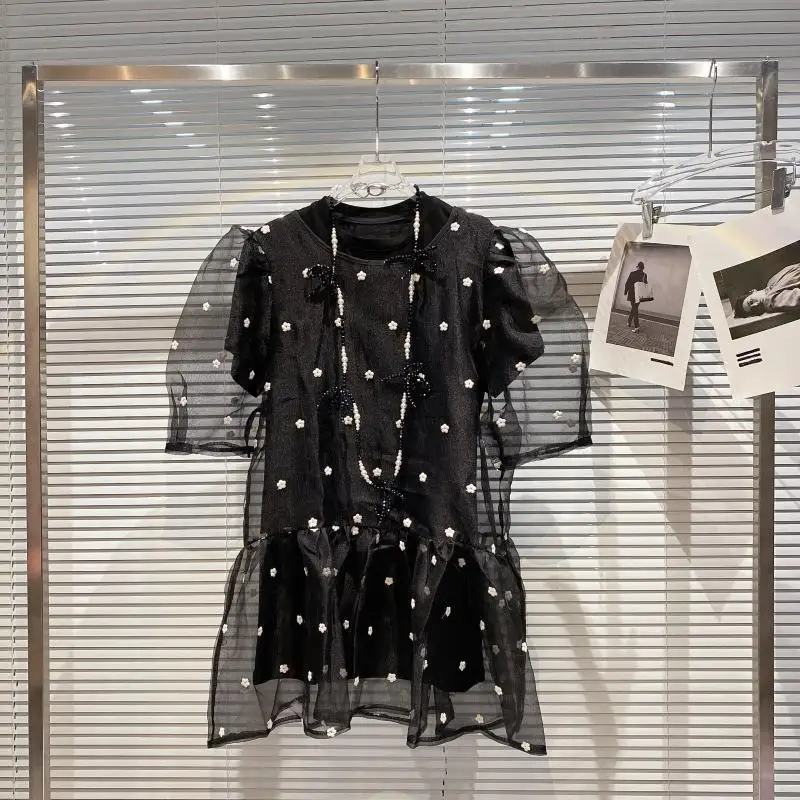 

Flower Mesh Outer Lining with Necklace Round Neck Short Sleeve T-shirt Dress 2021 Summer Fashion Sweet Women's Clothing 2pcs Set