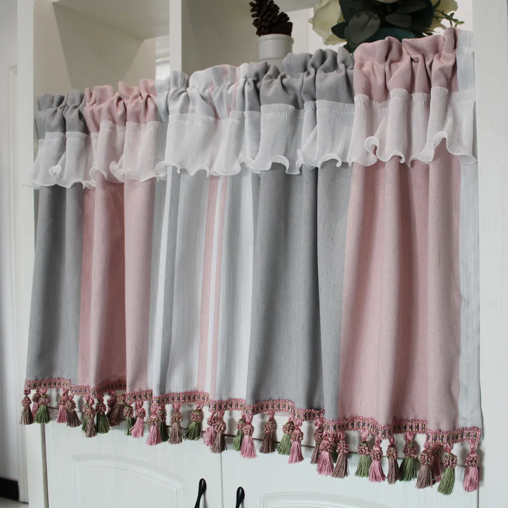 Пасторальная Короткая занавеска оконная с кисточками полоска для кухни