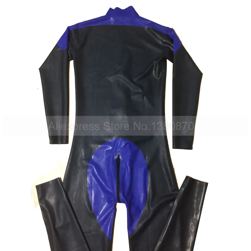 

Front Zip Male Latex Rubber Sexy Catsuit Black and Dark Blue Bodysuit Latex Fetish Party Suit S-LCM007