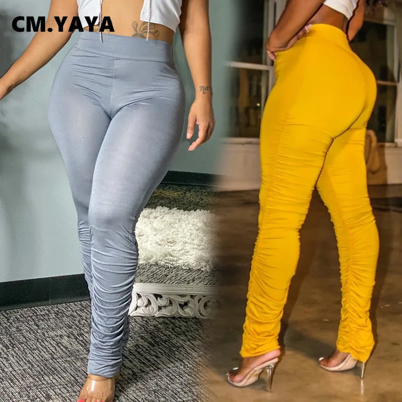 

CM.YAYA Women Elastic Stacked Pants Leggings High Waist Flare Bell Bottom Ruched Stack Trousers Draped Jogger Sweatpants